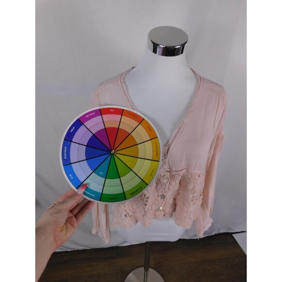 ICON Blouse Womens One Size Pink Crochet Lace Boho V Neck Long Sleeve Peplum - Picture 9 of 12